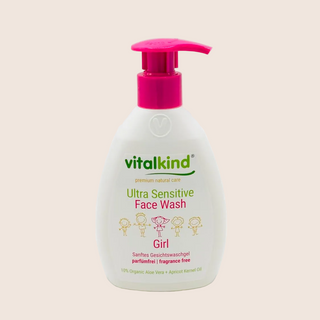 Vitalkind Ultra Sensitive Face Wash for girls on a beige background