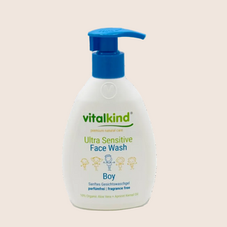 Vitalkind Ultra Sensitive Face Wash for boys on a beige background