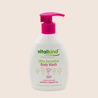 Vitalkind ultra sensitive body wash for girls on a beige background