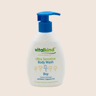 Vitalkind Ultra Sensitive Body Wash for boys on a beige background
