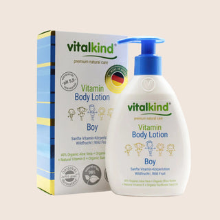 Vitalkind Vitamin Body Lotion for boys with packaging on a beige background