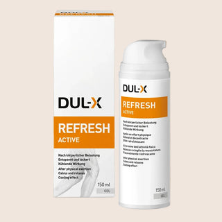 Dul-X Refresh Active gel and packaging on a beige background