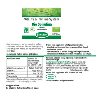 Bio Spirulina supplement label with nutritional information and branding details.
