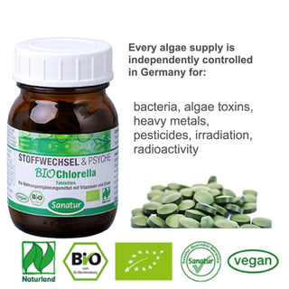 Bottle of Sanatur BIO Chlorella with green tablets on a white background