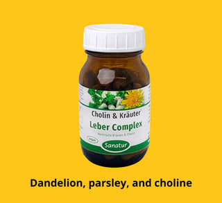 Bottle of Cholin & Kräuter Leber Complex with dandelion, parsley, and choline on a yellow background