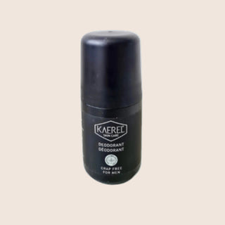Black deodorant bottle with 'Kaerec' branding on a beige background