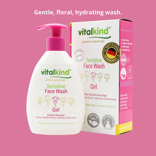 Vitalkind sensitive face wash for girls with packaging on a pink background
