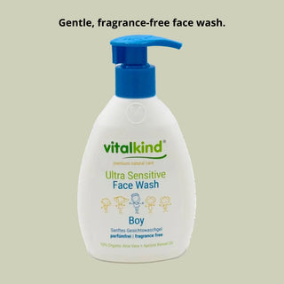 Vitalkind ultra sensitive face wash for boys on a light green background