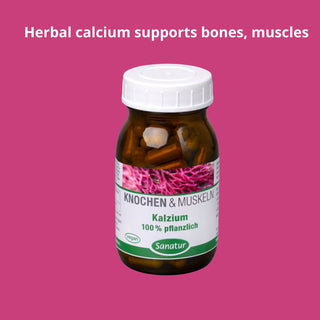 Bottle of herbal calcium supplement with a pink background and text about bone and muscle support.