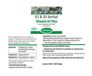 Sanatur Vitamin K2 Plus D3 — 90 Vegan Capsules | K2 MK-7 & Plant-Based D3