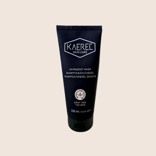 Black tube of Kaerel Skin Care hair and body wash on a beige background