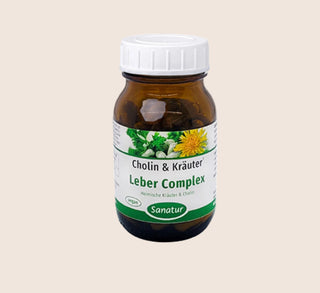 Brown supplement bottle labeled 'Cholin & Kräuter Leber Complex' on a beige background