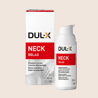Dul-X Neck Relax packaging and bottle on a beige background