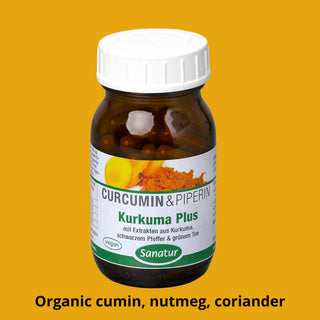 Bottle of Curcumin & Piperin with a yellow background
