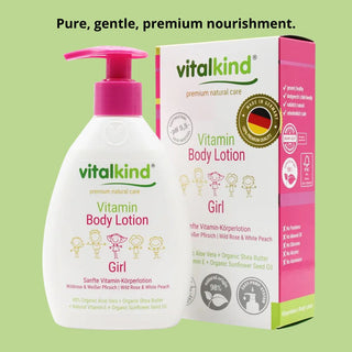 Vitalkind Vitamin Body Lotion for girls with packaging on a green background