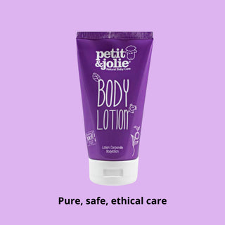 Purple lotion tube with 'petit & jolie' branding on a purple background