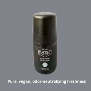 Black deodorant bottle with 'Kaerec' branding on a gray background