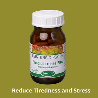 Bottle of Rhodiola rosea Plus supplement with a green background
