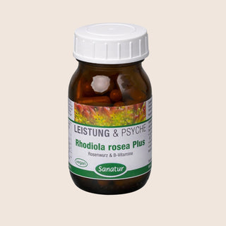 Bottle of Rhodiola rosea Plus supplement with a white cap on a beige background