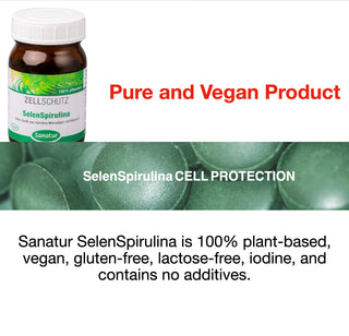 Bottle of Sanatur SelenSpirulina with text highlighting its properties on a white background.