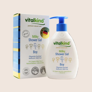 Vitalkind Milky Shower Gel for boys with packaging on a beige background