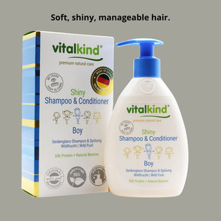 Vitalkind Shiny Shampoo & Conditioner for boys with packaging on a gray background