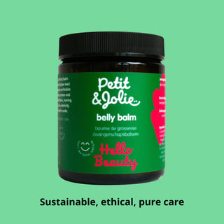 Petit & Jolie belly balm jar on a green background with 'Hello Beauty' branding.