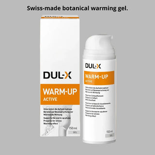 Dul-X Warm-Up Active warming gel packaging on a gray background