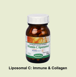 Bottle of Sanatur Vitamin C liposomal on a light green background