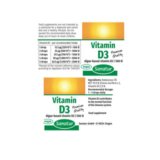 Sanatur Vitamin D3 Oil 100% Vegetable — 30 ml | Vegan D3 in MCT Coconut Oil | Made in Germany