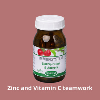 Bottle of immun system supplement with label on a brown background