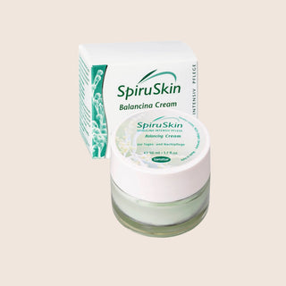 SpiruSkin Balancing Cream jar and box on a beige background
