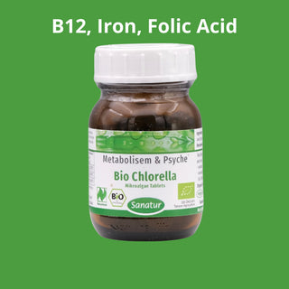 Bottle of Bio Chlorella with B12, Iron, Folic Acid text on a green background