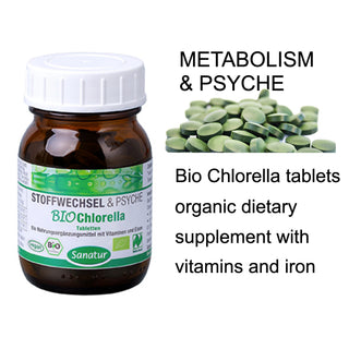 Bio Chlorella tablets supplement with bottle and tablets on a white background