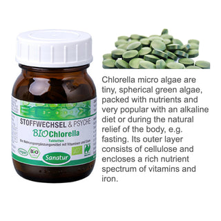 Bottle of Sanatur BIO Chlorella with green pills on a white background