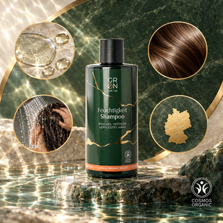 GRN Moisture Shampoo visual FAQ showing formula droplets, smooth hair, rinsing and German origin