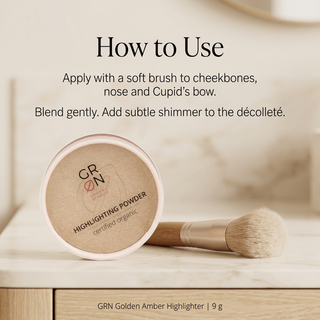 How to use GRN Golden Amber highlighter with a soft brush on cheekbones, nose and Cupid’s bow
