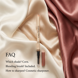 GRN Corn eyebrow pencil — FAQ: Corn shade, integrated blending brush and cosmetic sharpener.