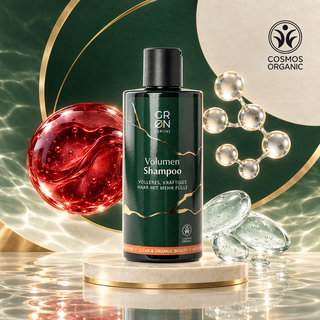 GRN Volume Shampoo 300 ml with abstract red extract, gel droplets and COSMOS Organic mark