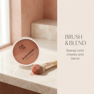 GRN Coral Reef blush beside a brush with cheek application and blending instructions