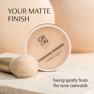 GRN White Ash finishing powder beside a large powder brush with application instructions