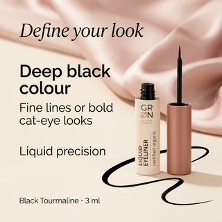 GRN Black Tourmaline liquid eyeliner with deep black colour and fine-line or cat-eye benefits.