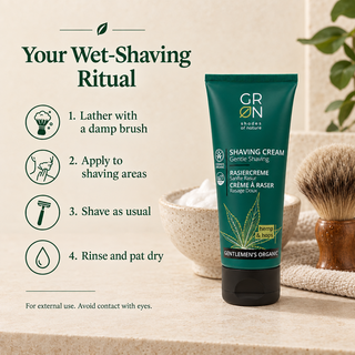 How to use GRN shaving cream: lather, apply, shave, rinse and pat dry