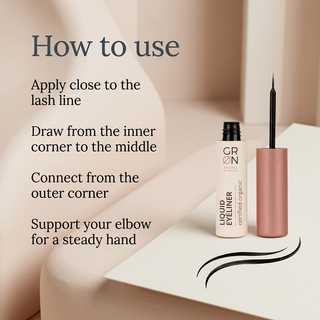 GRN liquid eyeliner with English lash-line application instructions on a cream studio background.