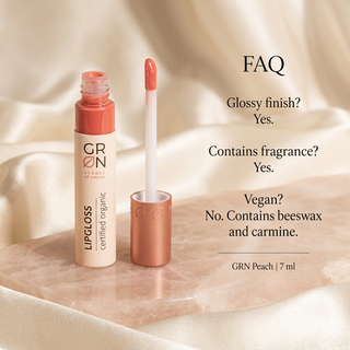 GRN Peach lip gloss FAQ: glossy, contains fragrance, not vegan due to beeswax and carmine