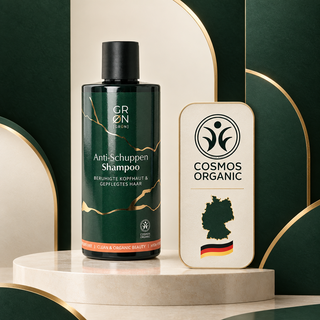GRN Anti-Dandruff Shampoo with COSMOS Organic mark and Germany origin illustration