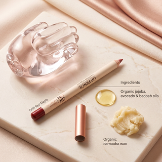 GRN Red Maple lip pencil with organic oil and carnauba wax ingredient highlights