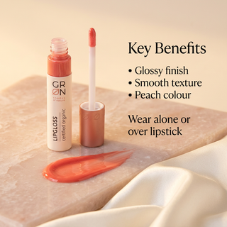 GRN Peach lip gloss glossy finish, smooth texture and Peach colour