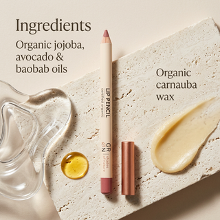 GRN Rosy Bark lip pencil with organic oils and carnauba wax ingredient highlights