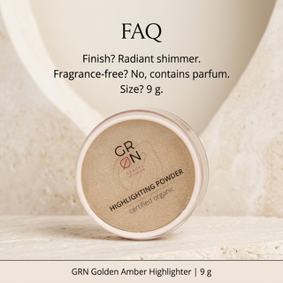 GRN Golden Amber highlighter FAQ: radiant shimmer, contains fragrance, 9 g